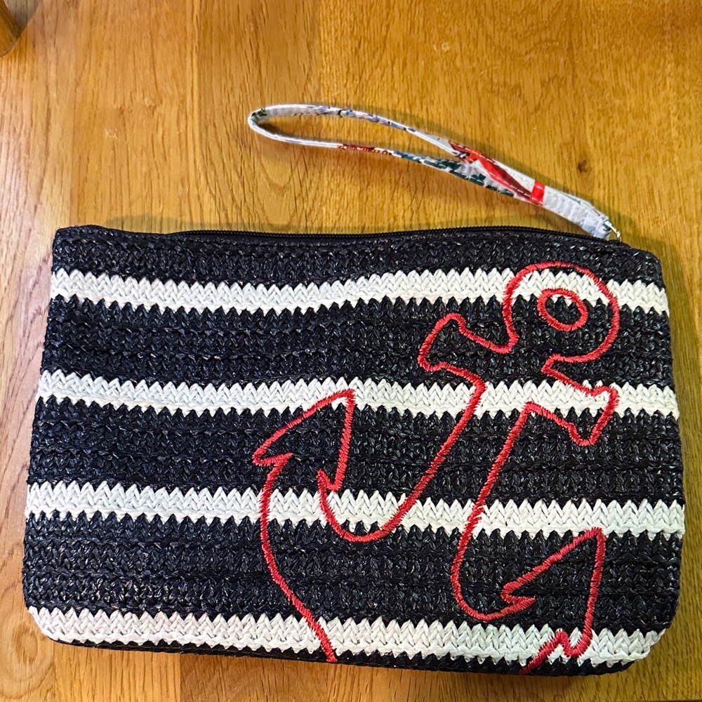 Vera Bradley Black and White Striped Clutch with Red Anchor